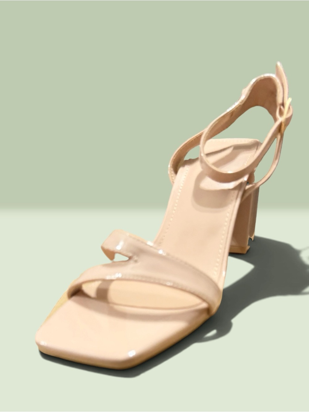 Patent Nude Block Heel Sandal with Ankle Strap